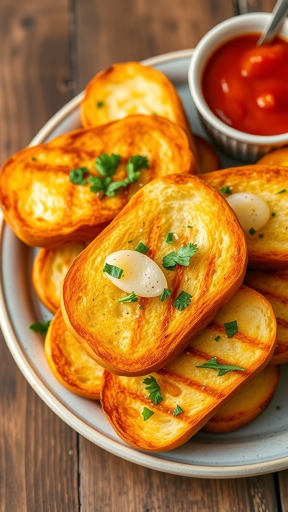 Crispy garlic toast slices on a plate, garnished with parsley, with a bowl of marinara sauce.